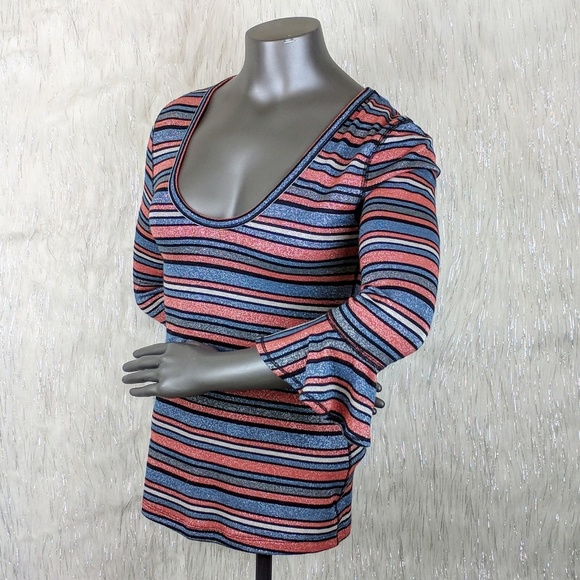 Free People | Shimmer Striped Bell Sleeved Top M - Picture 2 of 6